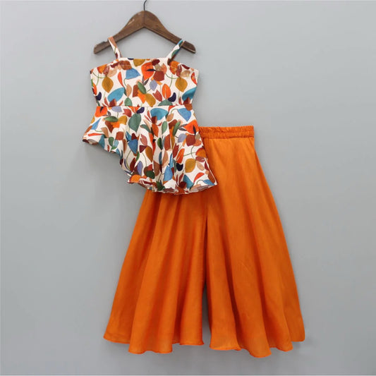 Girls' Summer Top & Palazzo Set (2–9 Years) – Multicolor Printed Rayon Top with Orange Cotton Palazzo