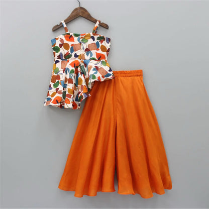 Girls' Summer Top & Palazzo Set (2–9 Years) – Multicolor Printed Rayon Top with Orange Cotton Palazzo
