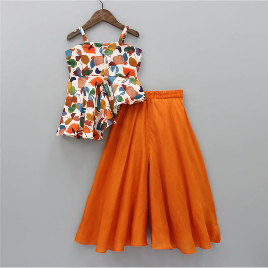 Girls' Summer Top & Palazzo Set (2–9 Years) – Multicolor Printed Rayon Top with Orange Cotton Palazzo