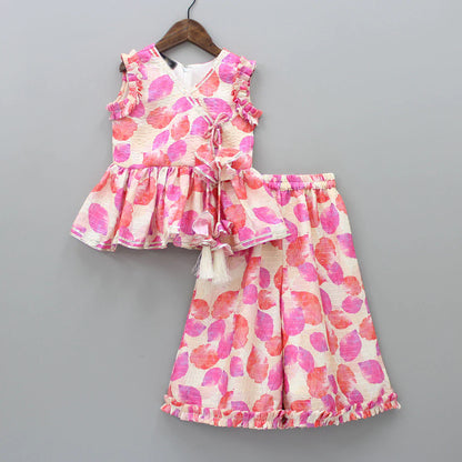 Girls' Pink Floral Rayon Top & Palazzo Set (2–9 Years) – Summer Cotton Outfit with Tassel Detail