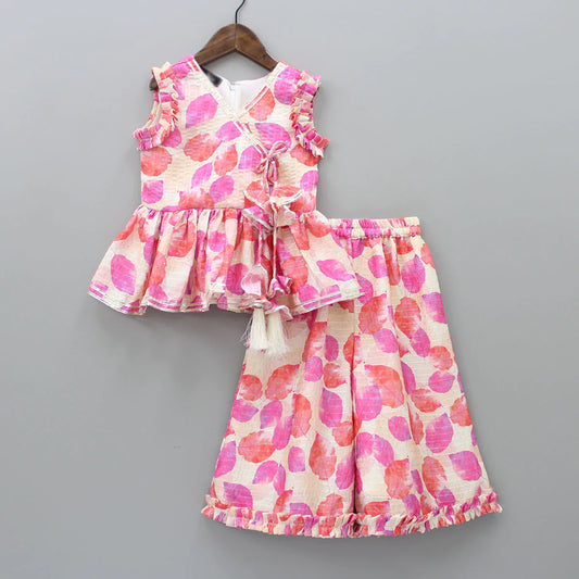 Girls' Pink Floral Rayon Top & Palazzo Set (2–9 Years) – Summer Cotton Outfit with Tassel Detail