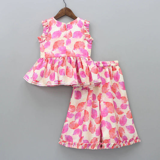 Girls' Pink Floral Rayon Top & Palazzo Set (2–9 Years) – Summer Cotton Outfit with Tassel Detail
